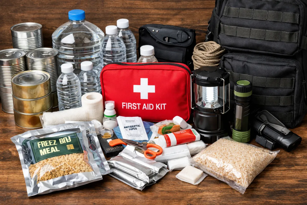 beginner emergency preparedness kit with backpack food water flashlight and first aid supplies