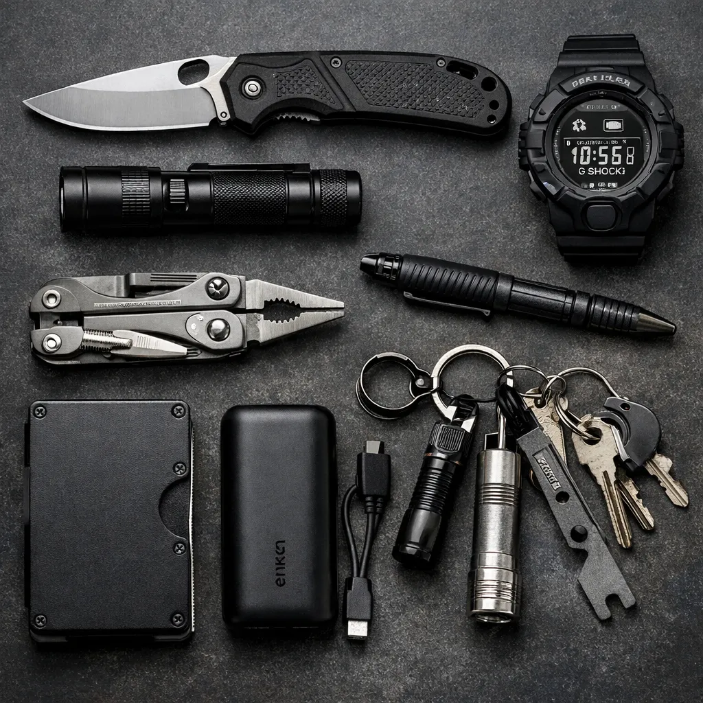 everyday carry gear flat lay with knife flashlight multitool wallet watch and keychain tools