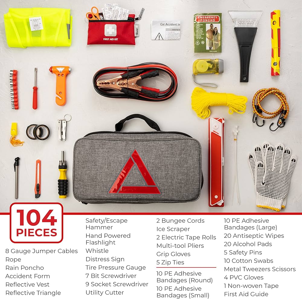 car emergency kit supplies including jumper cables flashlight first aid kit gloves and emergency blanket