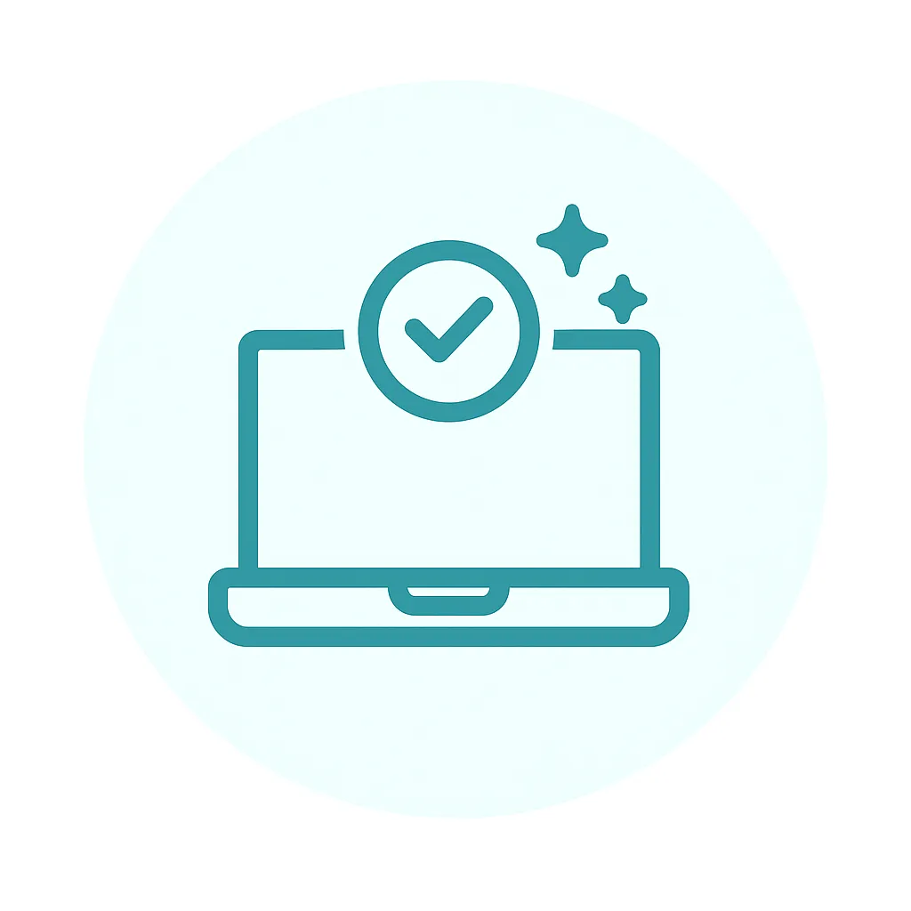 Instant results icon showing a laptop with check mark — fast, efficient virtual assistant support by Task.Me VA Services