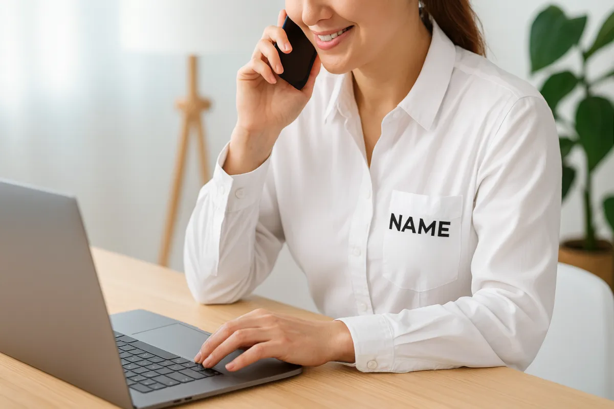 Virtual assistant smiling while talking on the phone and working on a laptop at a desk.