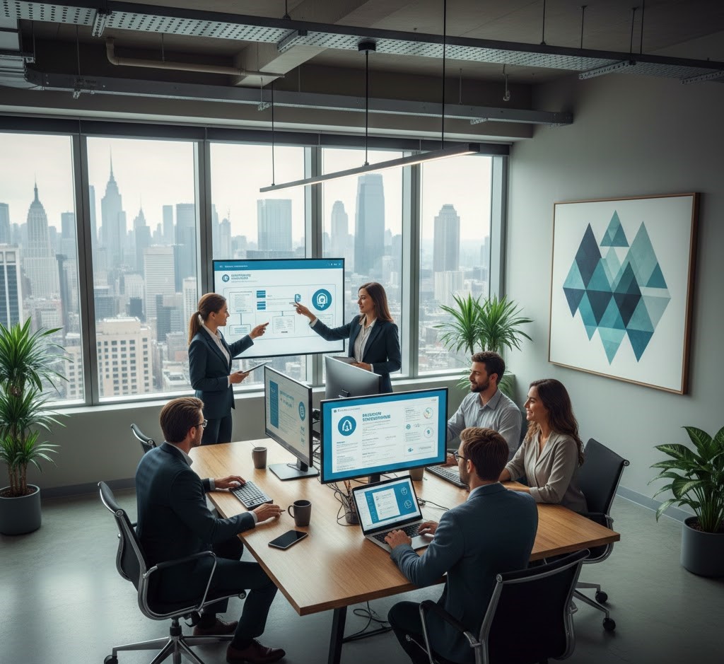 Business professional in a suit using a digital tablet for work.