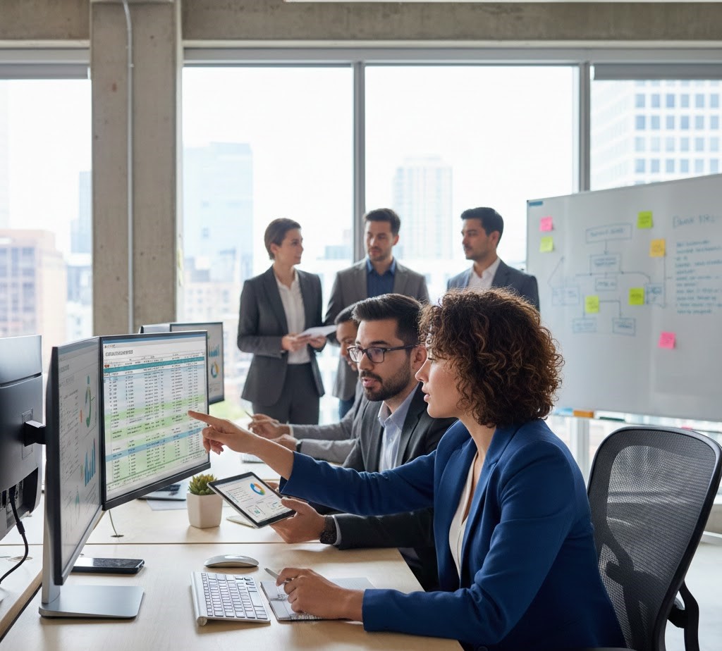 Professional business team having a meeting and discussing strategies in a modern office.