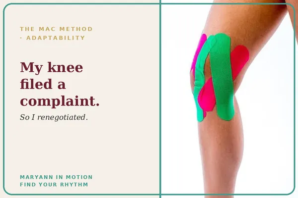 A knee taped with colorful kinesiology tape, illustrating Adaptability in the MAC Method.