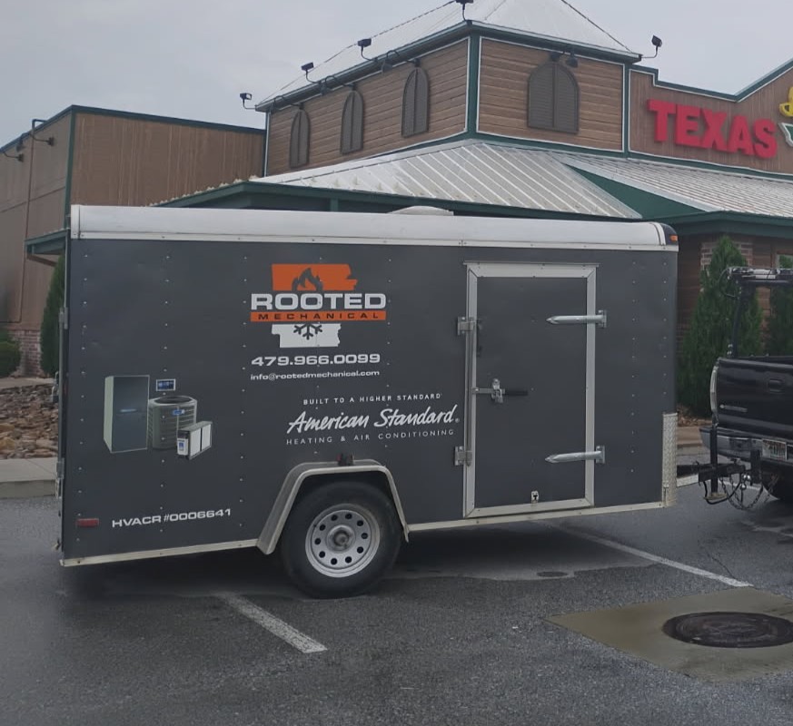 rooted mechanical hvac trailer on site for new construction hvac project in northwest arkansas