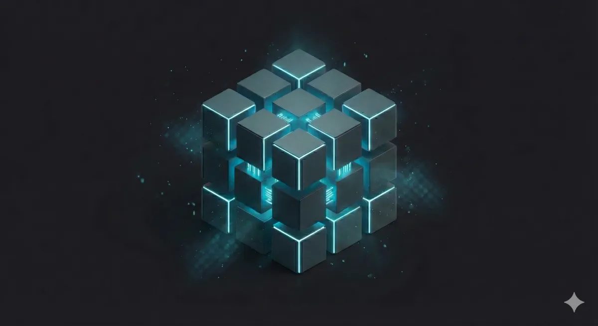 Photorealistic 3D isometric cluster of interlocking dark grey server-like cubes with glowing electric cyan edges