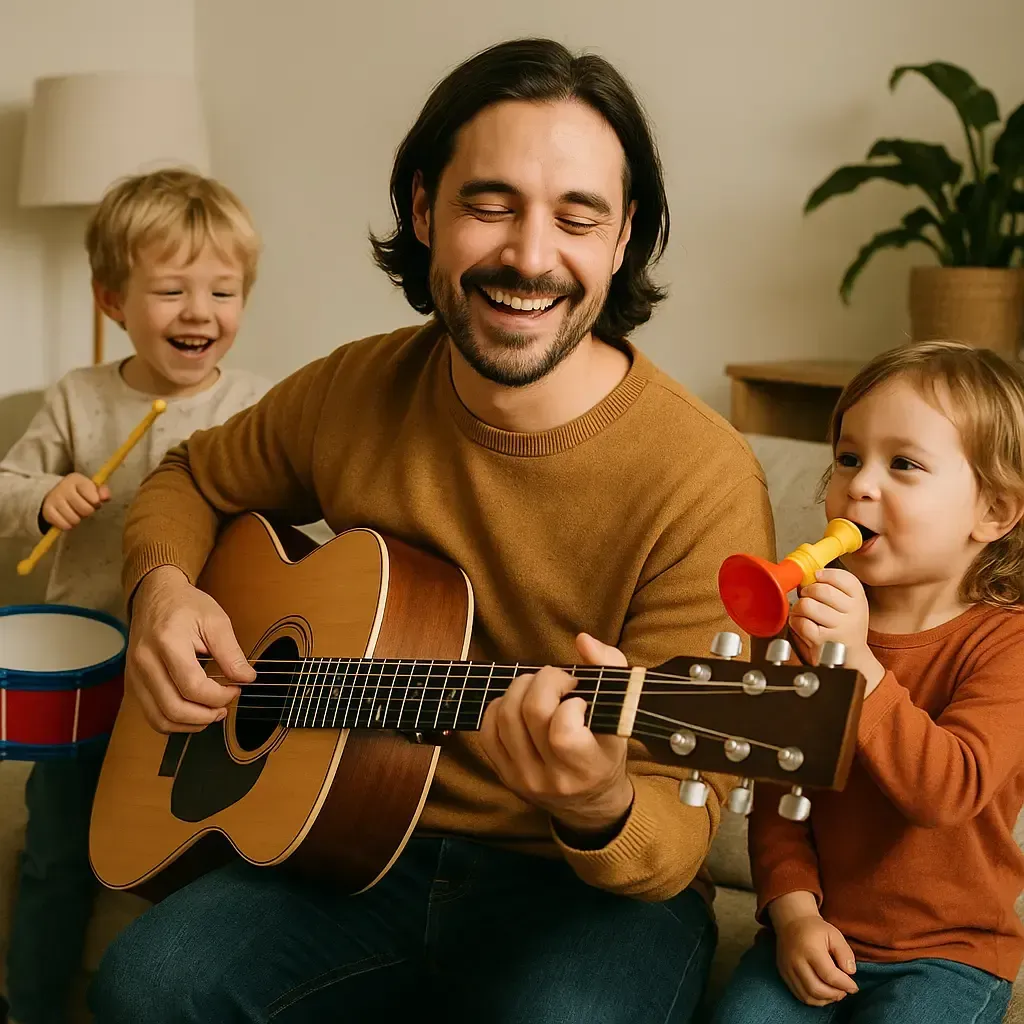 A smiling parent and child sitting at a sunlit kitchen table, both drawing in sketchbooks, colored pencils scattered, morning light streaming in, casual clothes, cozy home, candid moment, 3:2 aspect ratio.