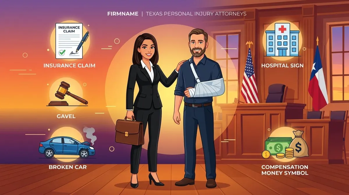 Female personal injury lawyer with an injured client, surrounded by accident, legal, and insurance icons in a Texas courtroom setting with USA flag background.