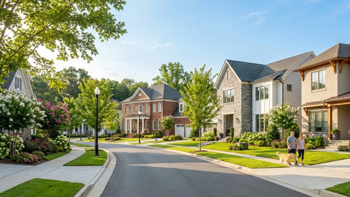 Home for sale on a tree-lined street in Weddington NC near Weddington High School with well-maintained landscaping