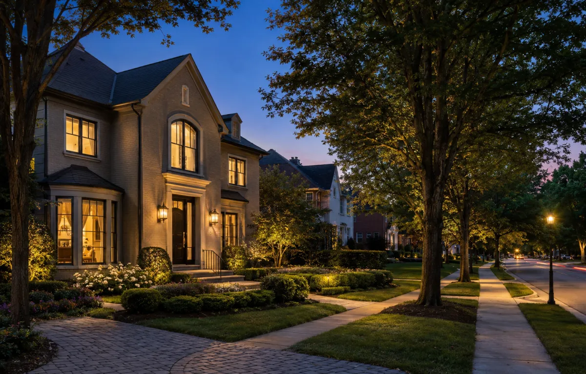 Established Weddington NC neighborhood street showing large lots and mature landscaping