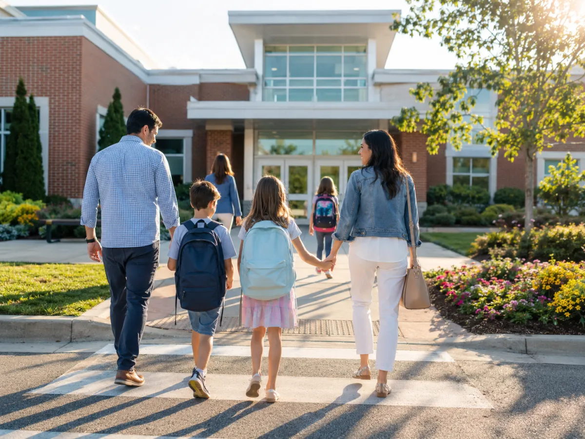 Family in front of a school in Matthews NC neighborhood