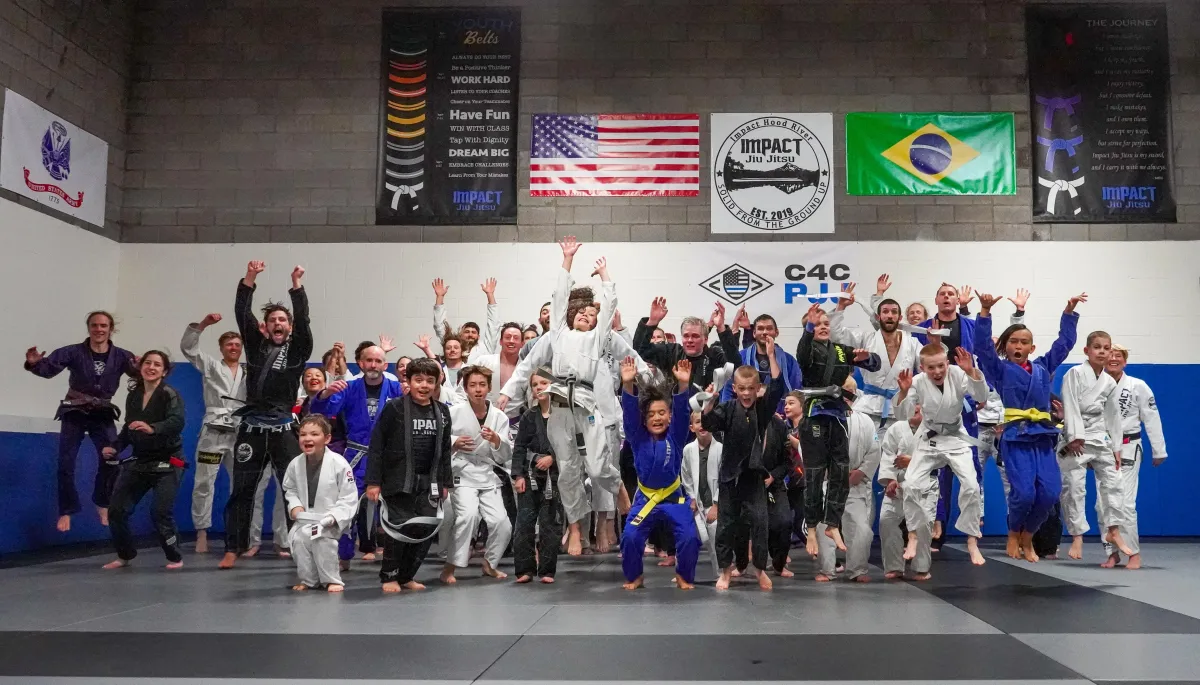 Adults and kids practicing Brazilian Jiu Jitsu at Impact Hood River