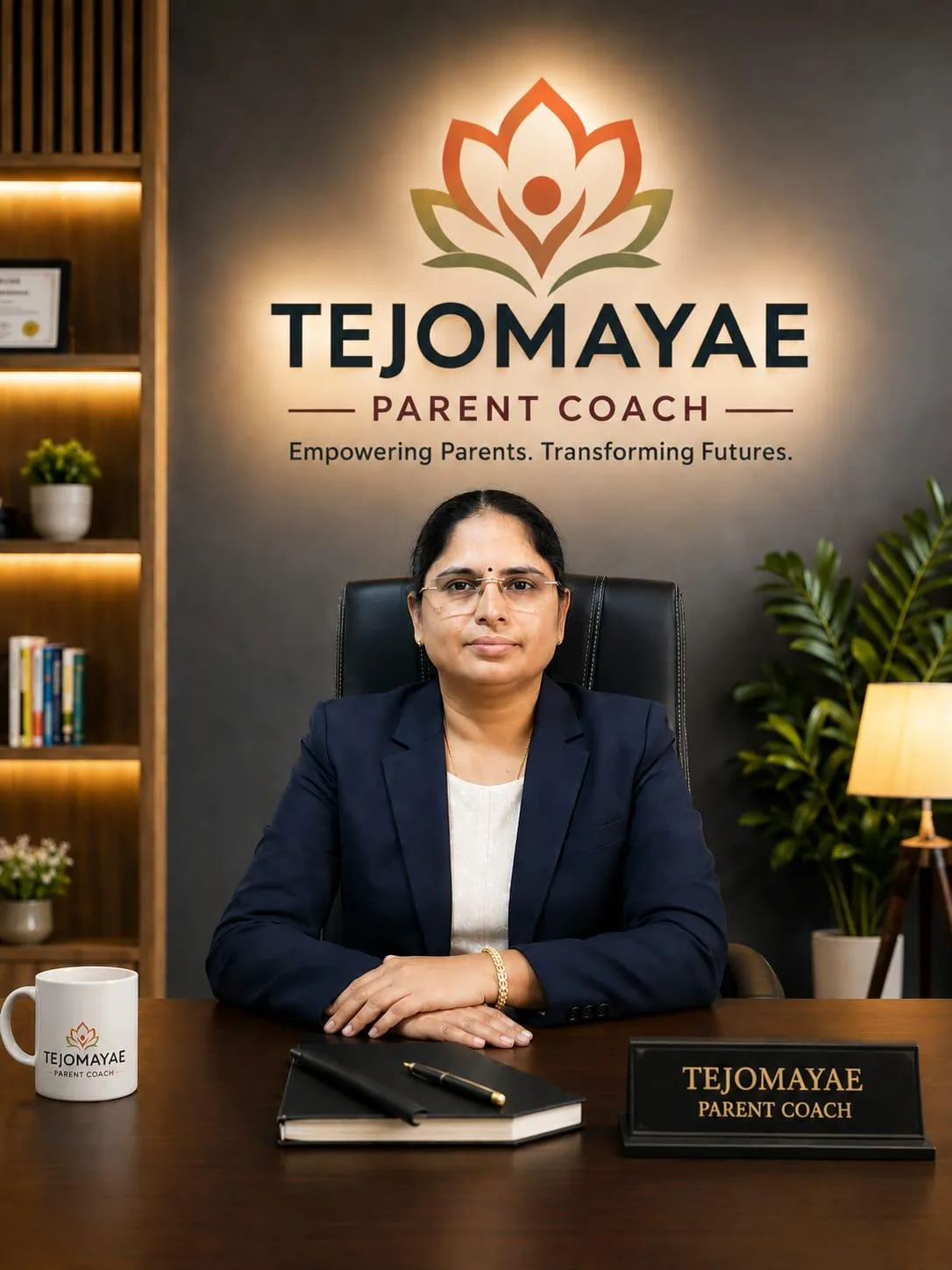 Professional head-and-shoulders portrait of an Indian woman in her thirties, smiling, in business clothing, against a LIGHT softly blurred background