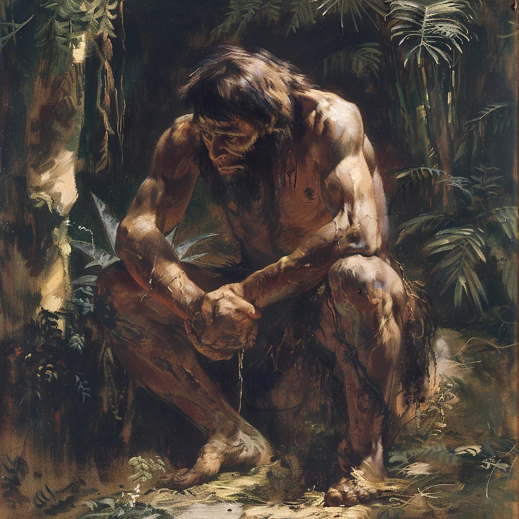 A caveman leant over himself in the jungle contemplating what to do after spraining his ankle and not having an ankle brace or anything in primitive time 