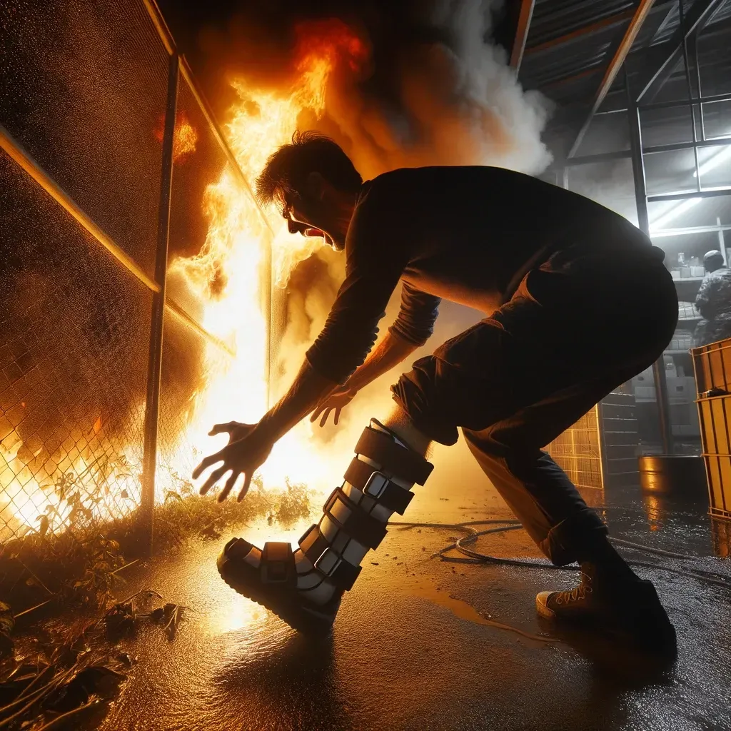 a man in a moonboot from a grade 3 ankle sprain frustratedly trying to put an fire out with it 