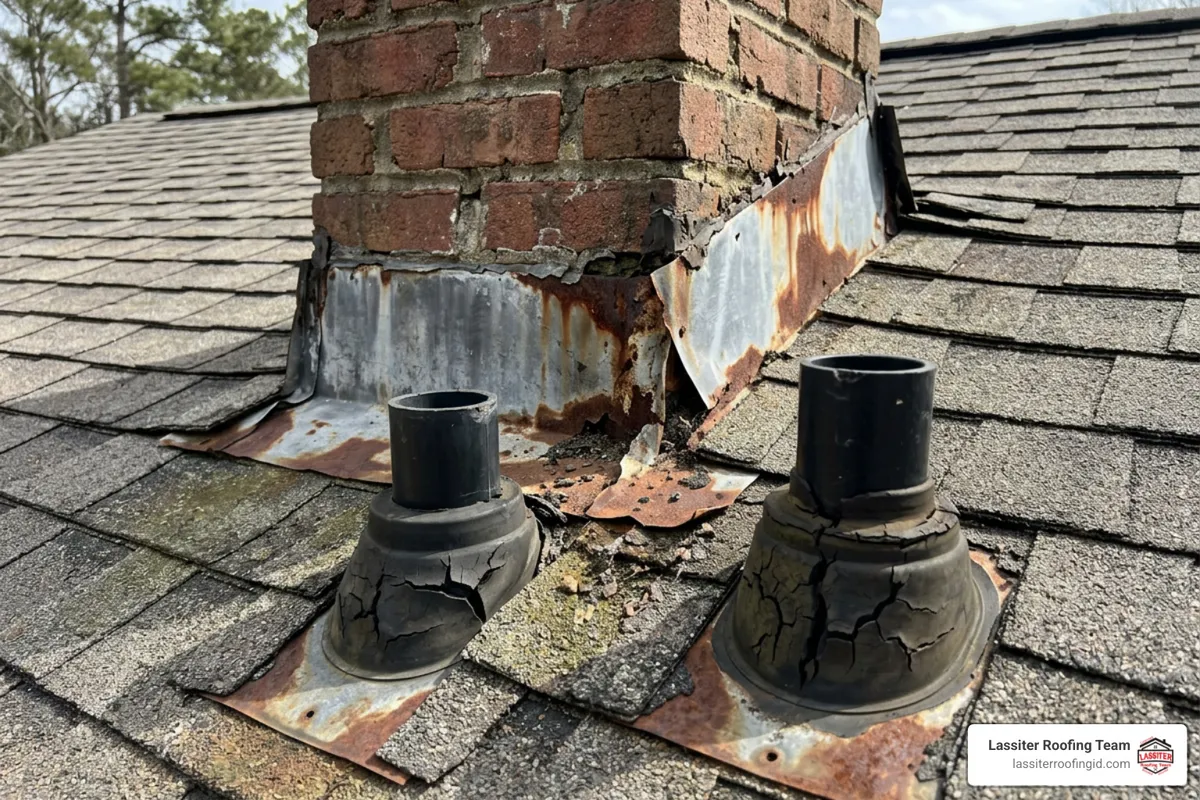 Compromised flashing and cracked pipe boots on a residential roof