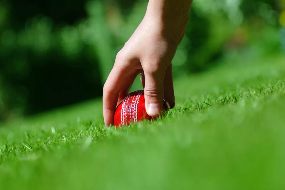 a red cricket ball on the grass
