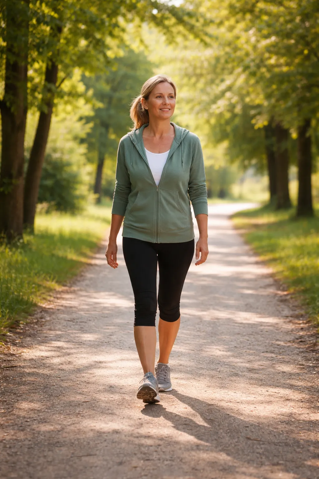 a lady walking along a path in a park