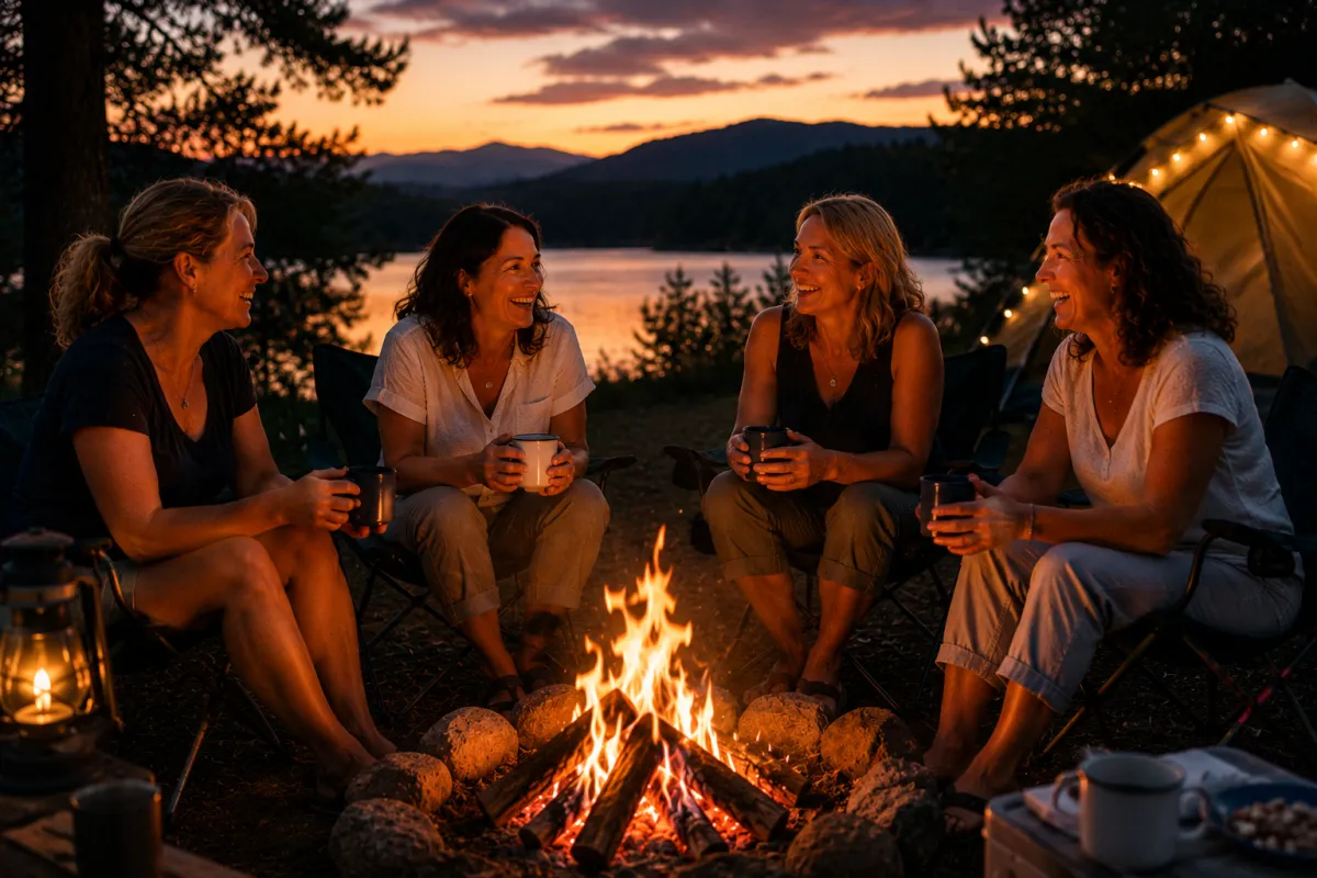 Four female friends sitting around a campfire