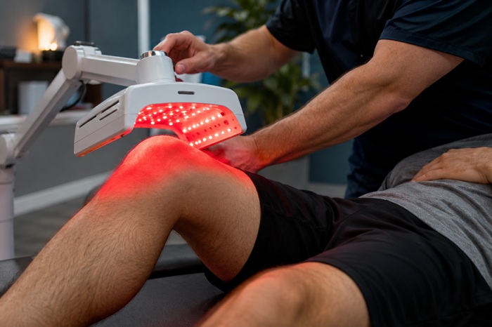 Red light therapy session for knee pain