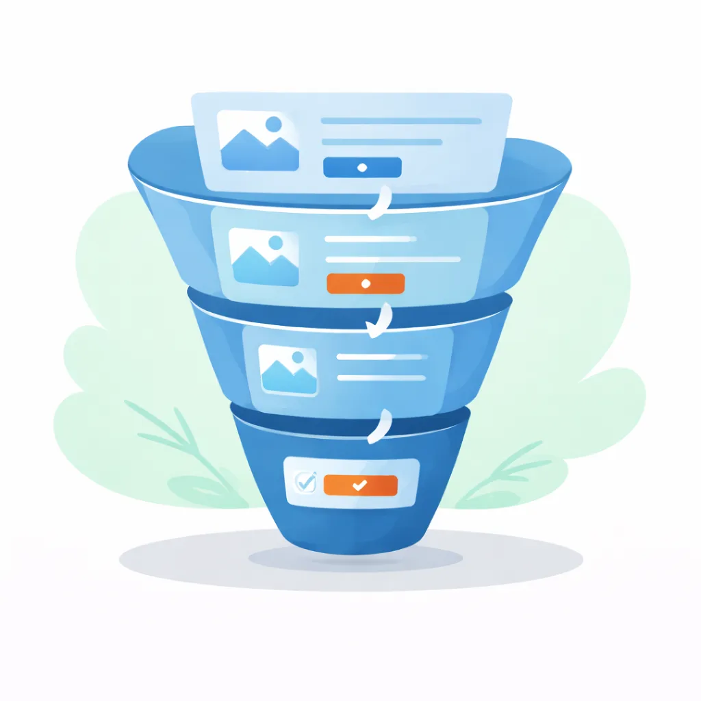 Flat illustration of a vertical marketing funnel made of web page blocks representing Go High Level sales funnels and landing page builder