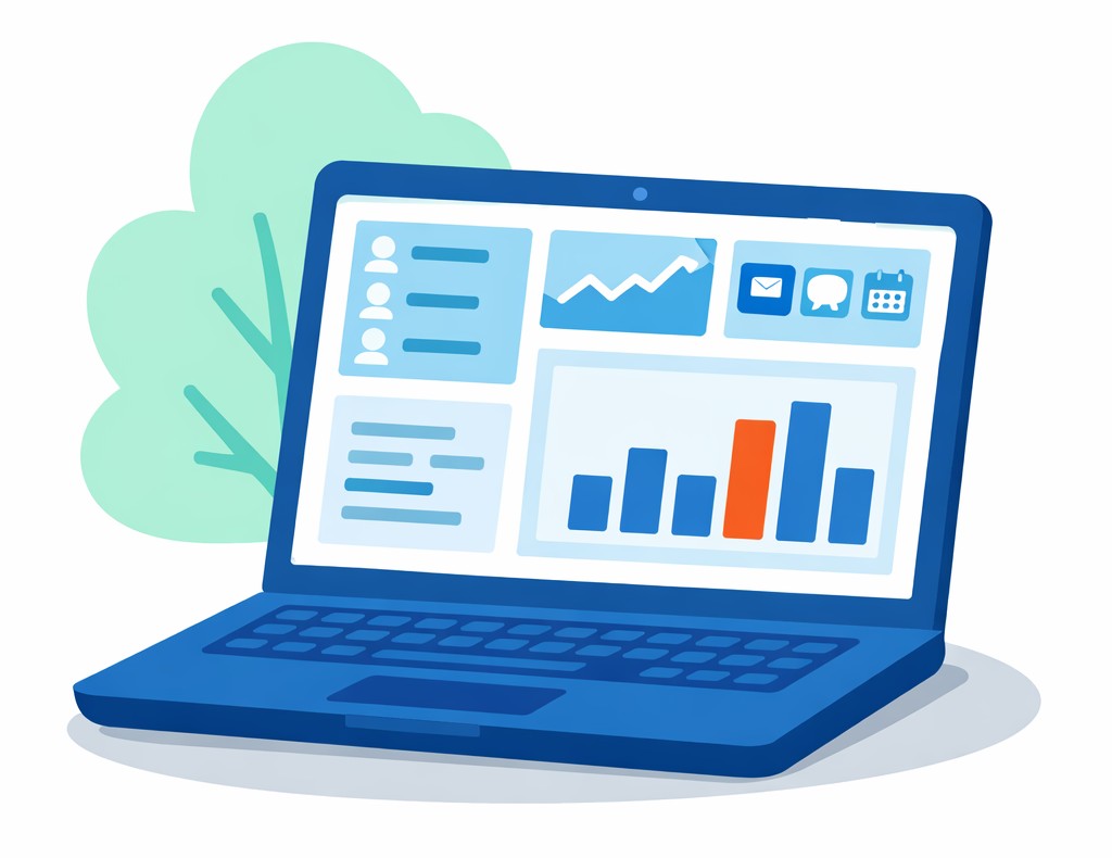 Flat illustration of a blue laptop showing an all-in-one Go High Level marketing and CRM dashboard with charts and panels