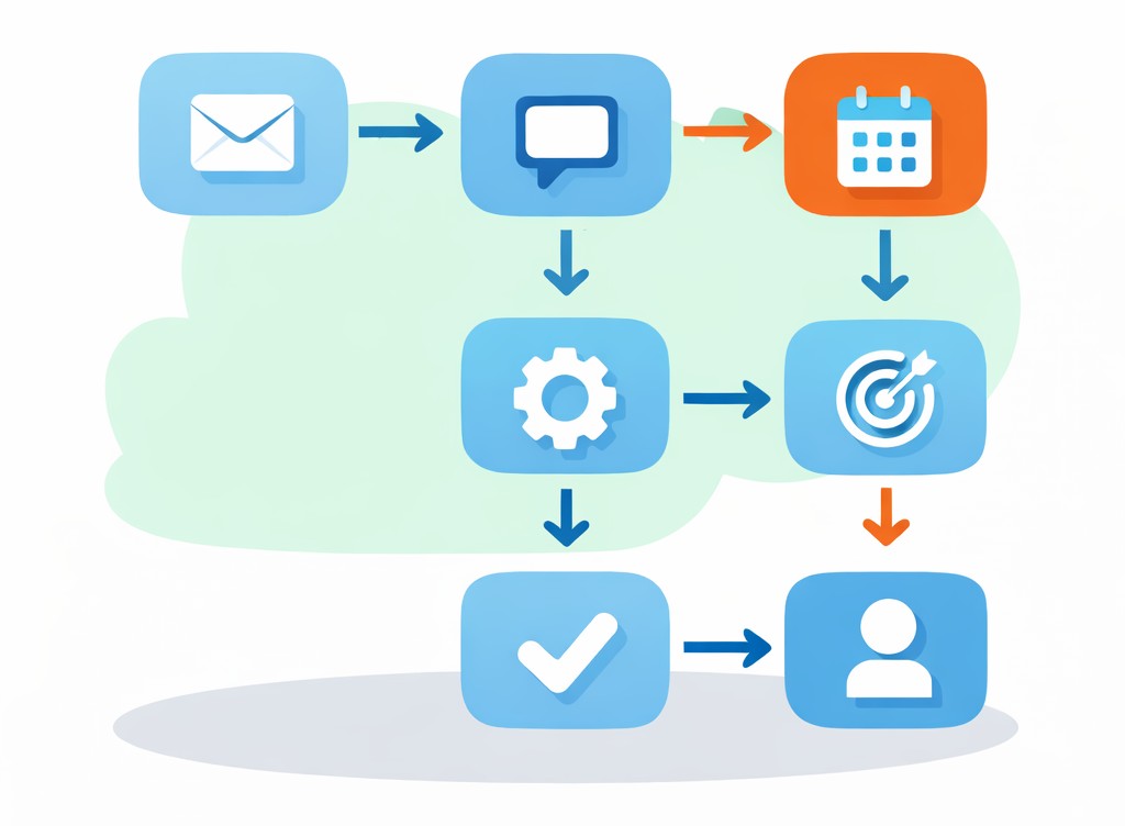Flat illustration of connected workflow boxes and arrows representing Go High Level marketing automation and follow-up workflows