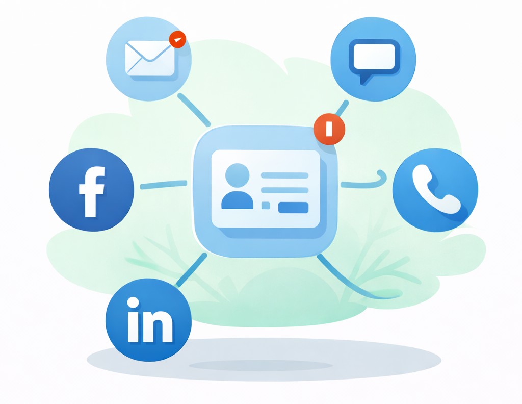 Flat illustration of a central communication hub surrounded by icons for email SMS calls and reviews representing Go High Level unified inbox