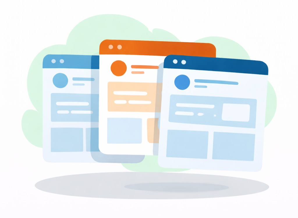 Flat illustration of stacked browser windows and a branding badge representing Go High Level white-label and agency features