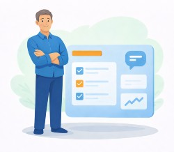 Flat illustration of a blue laptop showing an all-in-one Go High Level marketing and CRM dashboard with charts and panels