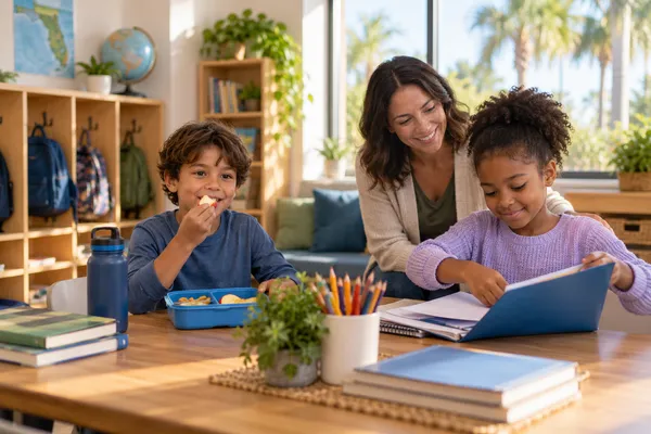 Two elementary-age children enjoying a snack and organizing schoolwork during a calm after-school routine in Lutz