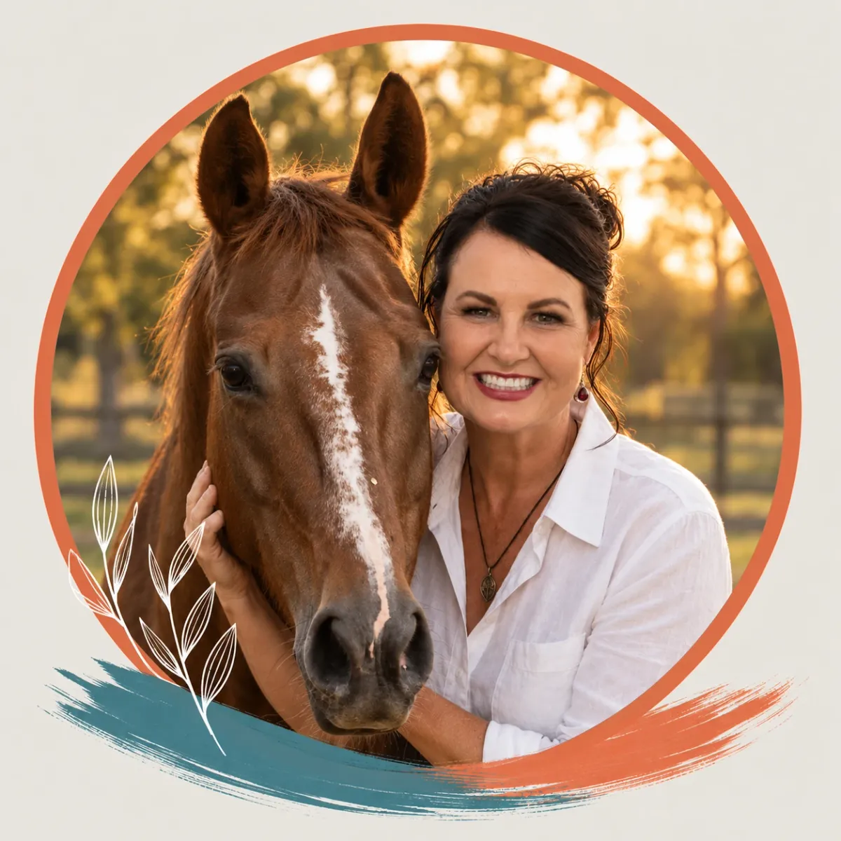 Kerri McCabe smiling, cheek to cheek with her chestnut horse at sunset