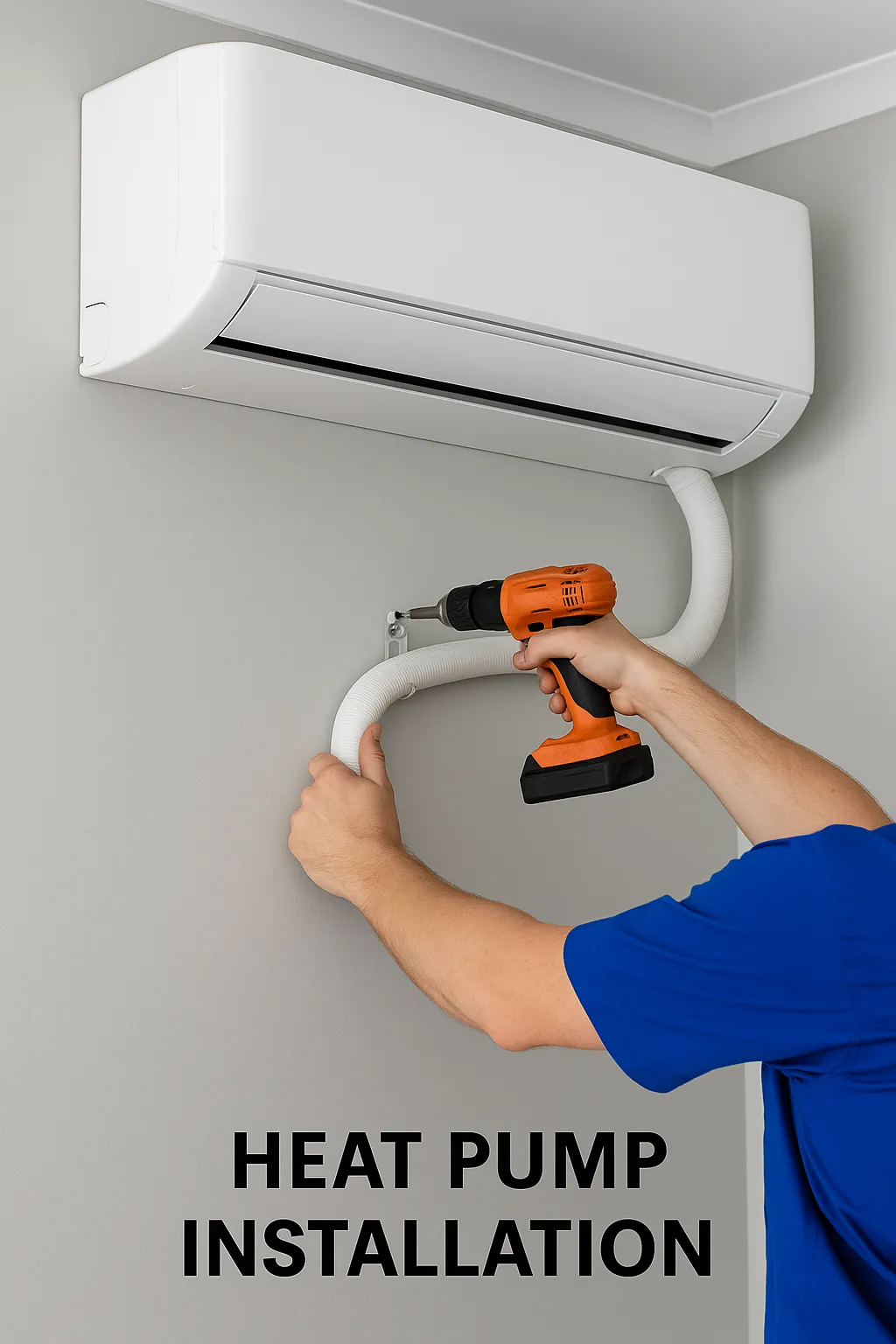 Electrician installing a white wall-mounted heat pump unit in a residential home using a power drill