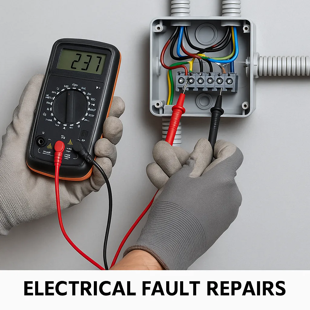 Electrician using a digital multimeter to diagnose and repair a fault in a junction box with color-coded wiring
