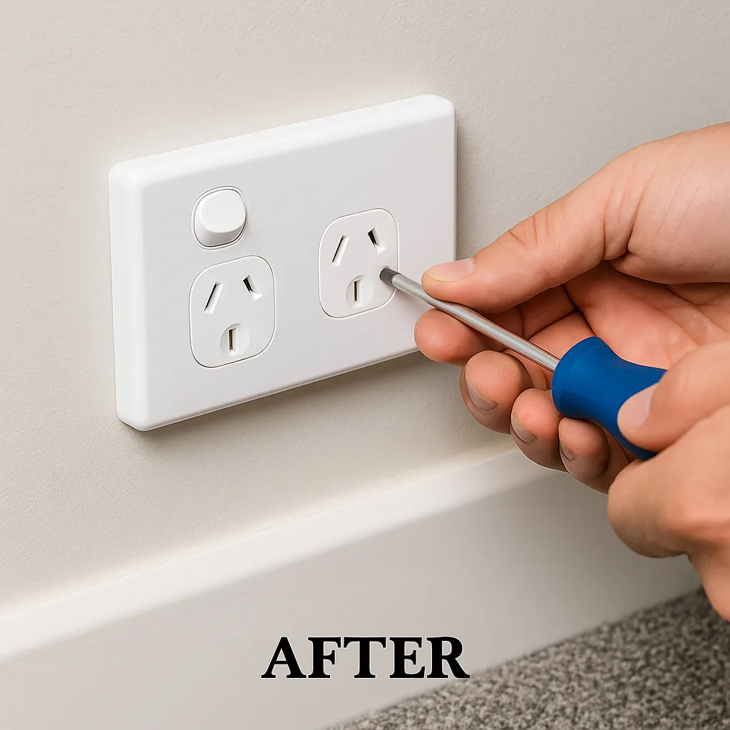 Close-up of an electrician’s hand securing a double power point into a wall using a screwdriver