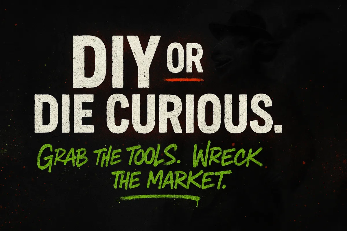 Terrible Marketing slogan image with bold text DIY or Die Curious and subheadline Grab the Tools, Wreck the Market