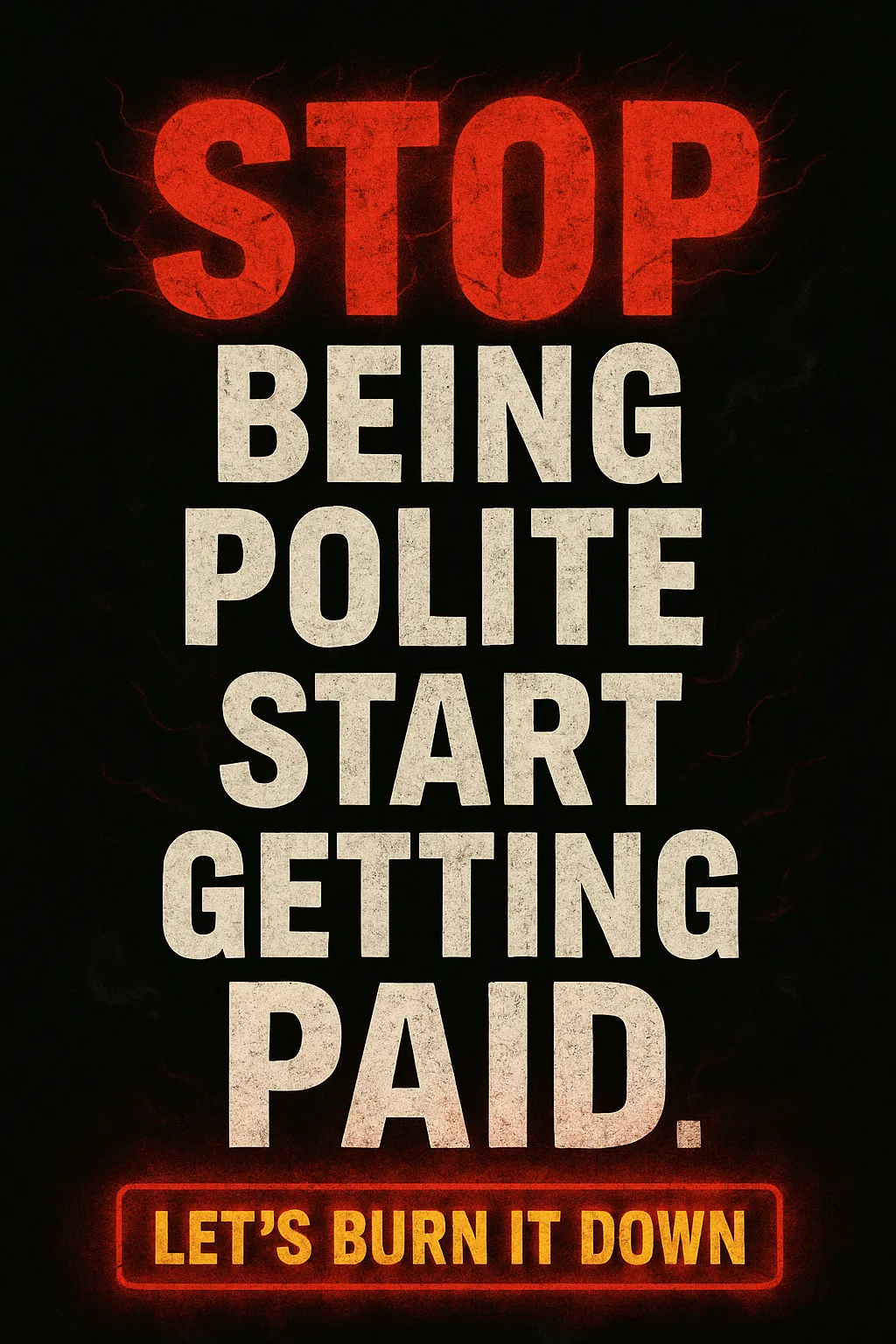 Terrible Marketing poster with bold slogan Stop Being Polite Start Getting Paid and call-to-action Let’s Burn It Down in red and yellow