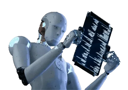 Futuristic humanoid robot analyzing data on transparent digital screen
