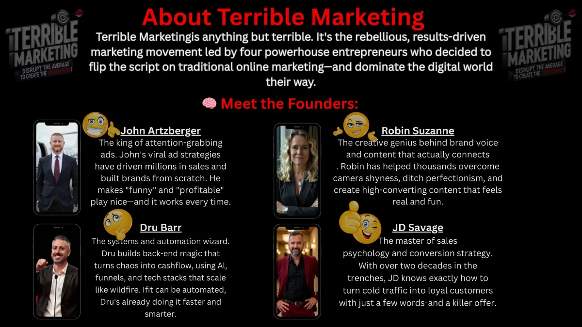 Terrible Marketing team photo showing founders and crew united in anti-guru rebellion