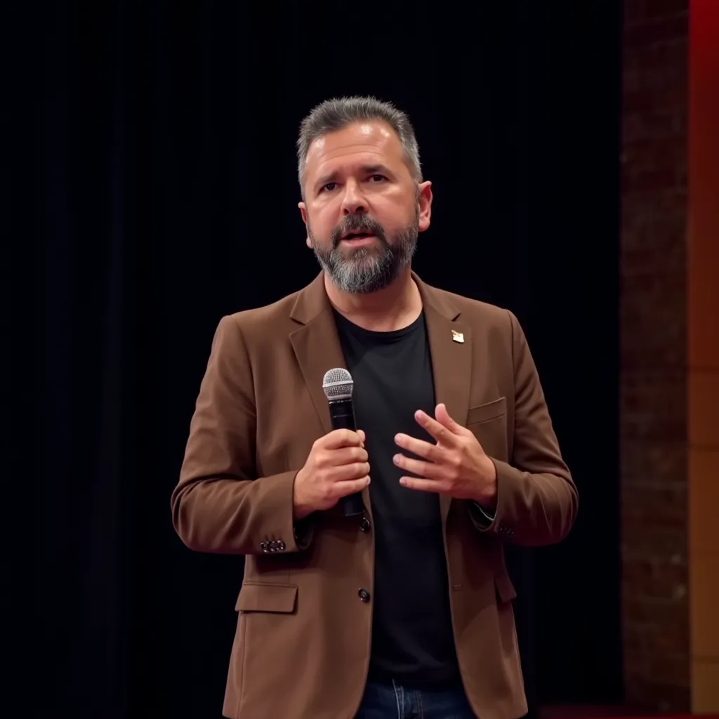 Man (JD) in brown blazer speaking on stage with microphone in front of black curtain and brick wall