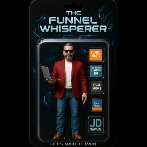 Action figure packaging of The Funnel Whisperer in red blazer holding laptop with marketing skills and slogans on display