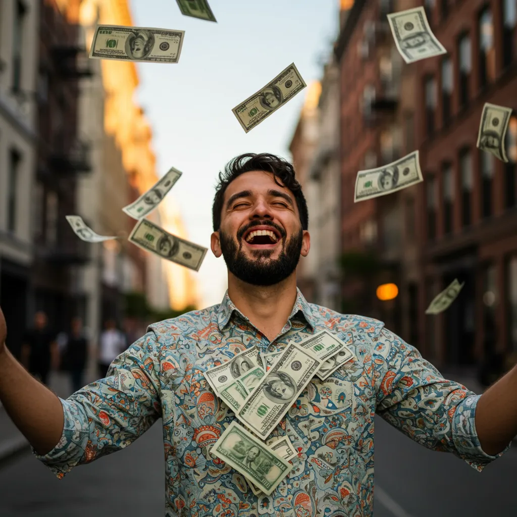 Man in colorful shirt celebrating in city street with arms raised as dollar bills fall around him