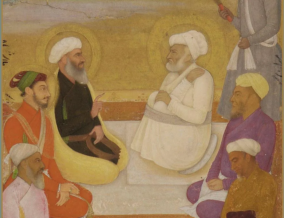 A historical painting depicting Mughal Crown Prince Dara Shikoh in discussion with spiritual leaders, including Hazrat Mullah Shah and Hazrat Mian Mir. The central figure, dressed in white, is surrounded by other men in colorful traditional attire, representing various Islamic scholarly and spiritual traditions of the time.