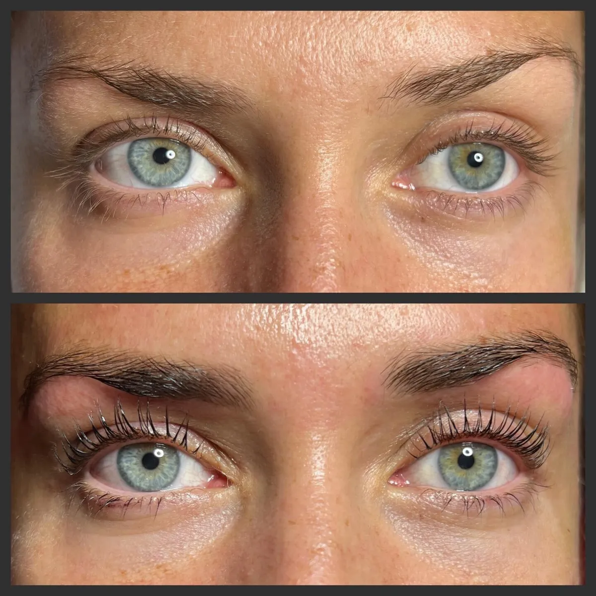 A before and after image of a women with LVL Lashes.