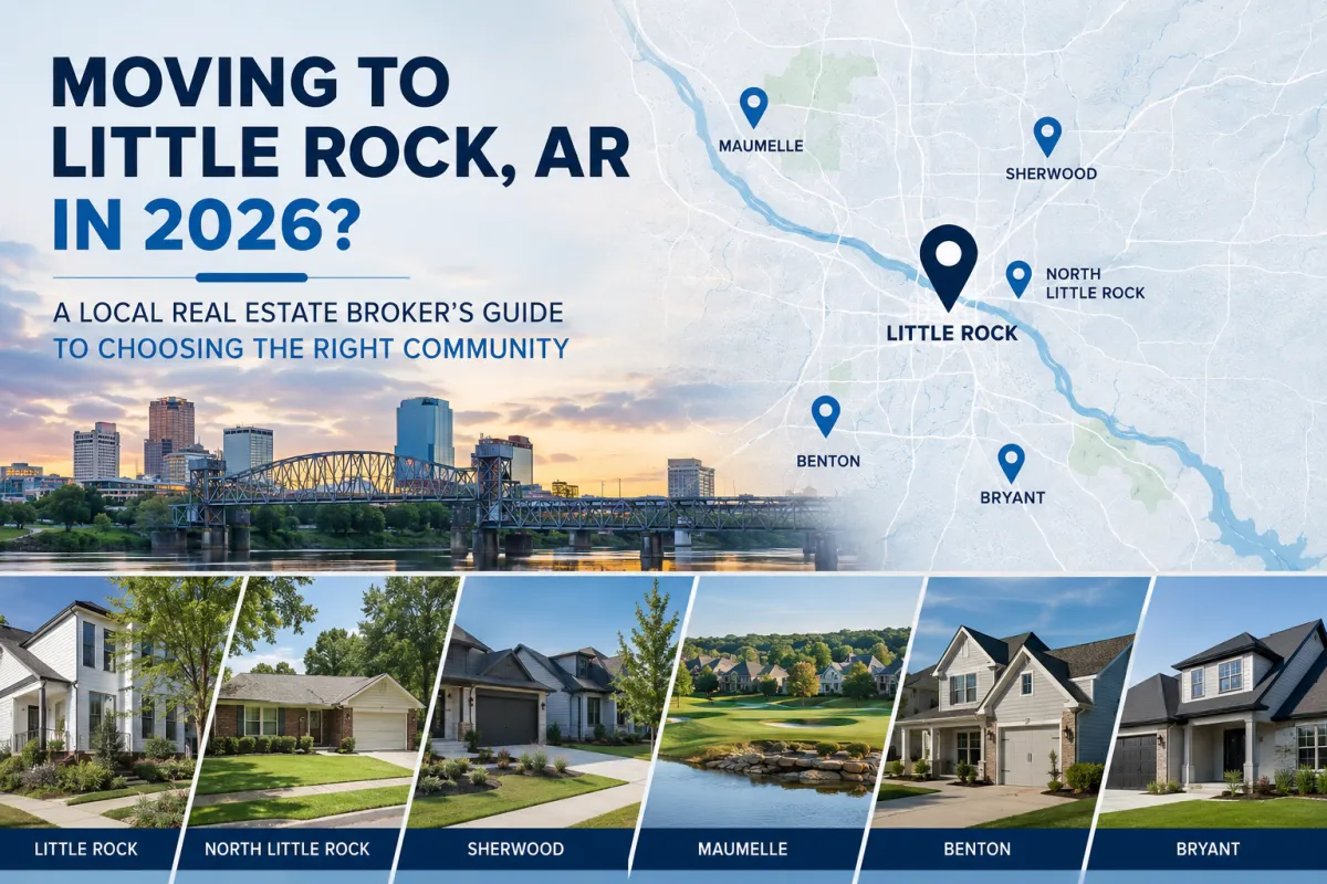 Moving to Little Rock, AR in 2026 guide featuring Central Arkansas communities including Little Rock, North Little Rock, Sherwood, Maumelle, Benton, and Bryant