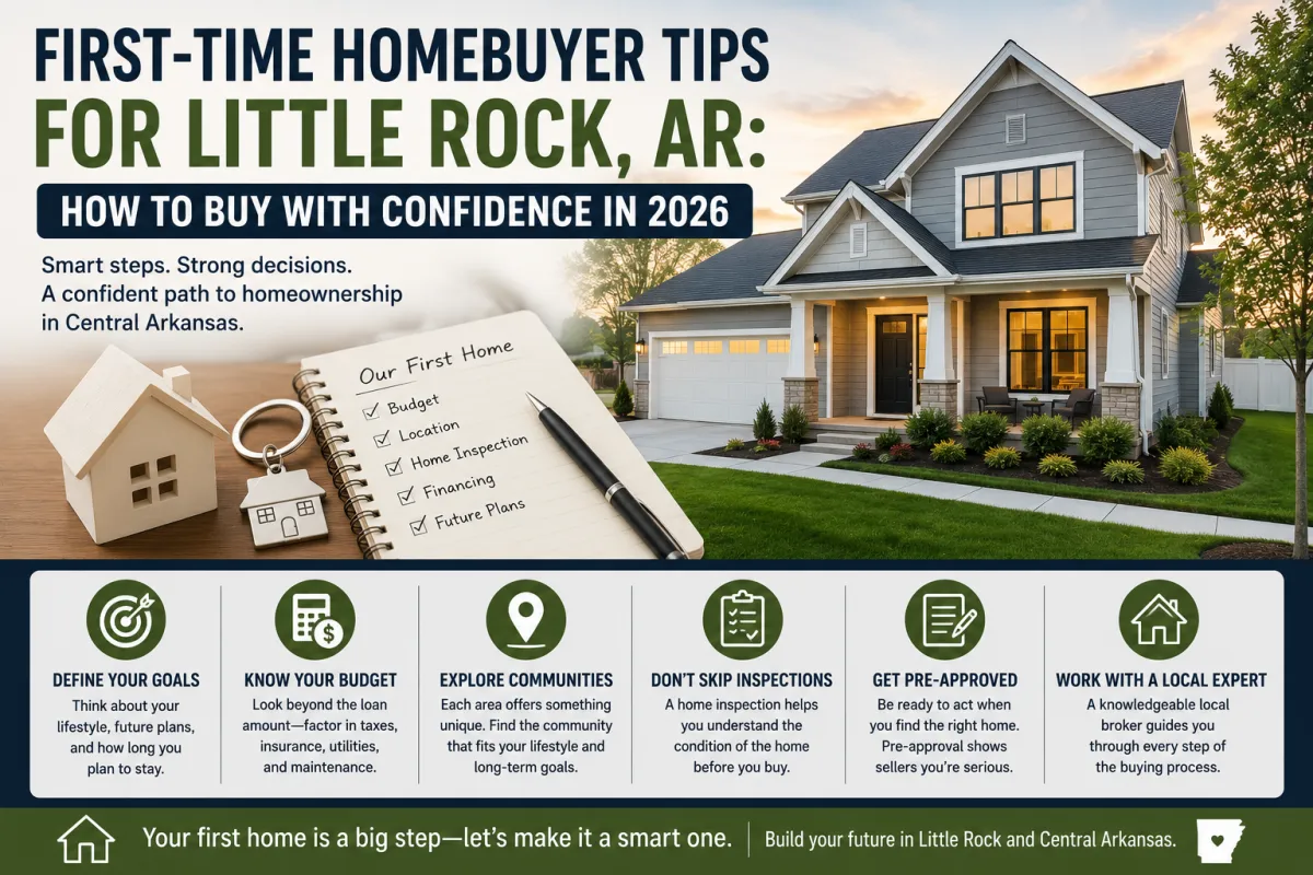 First-time homebuyer tips for Little Rock, AR featuring a modern home, house keys, and a home buying checklist for confident buyers in 2026.