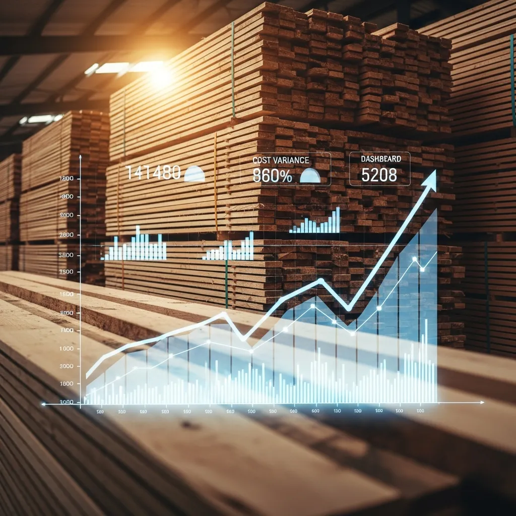 Stacks of lumber in a yard with transparent financial data overlays representing real-time job costing and material cost tracking for construction businesses