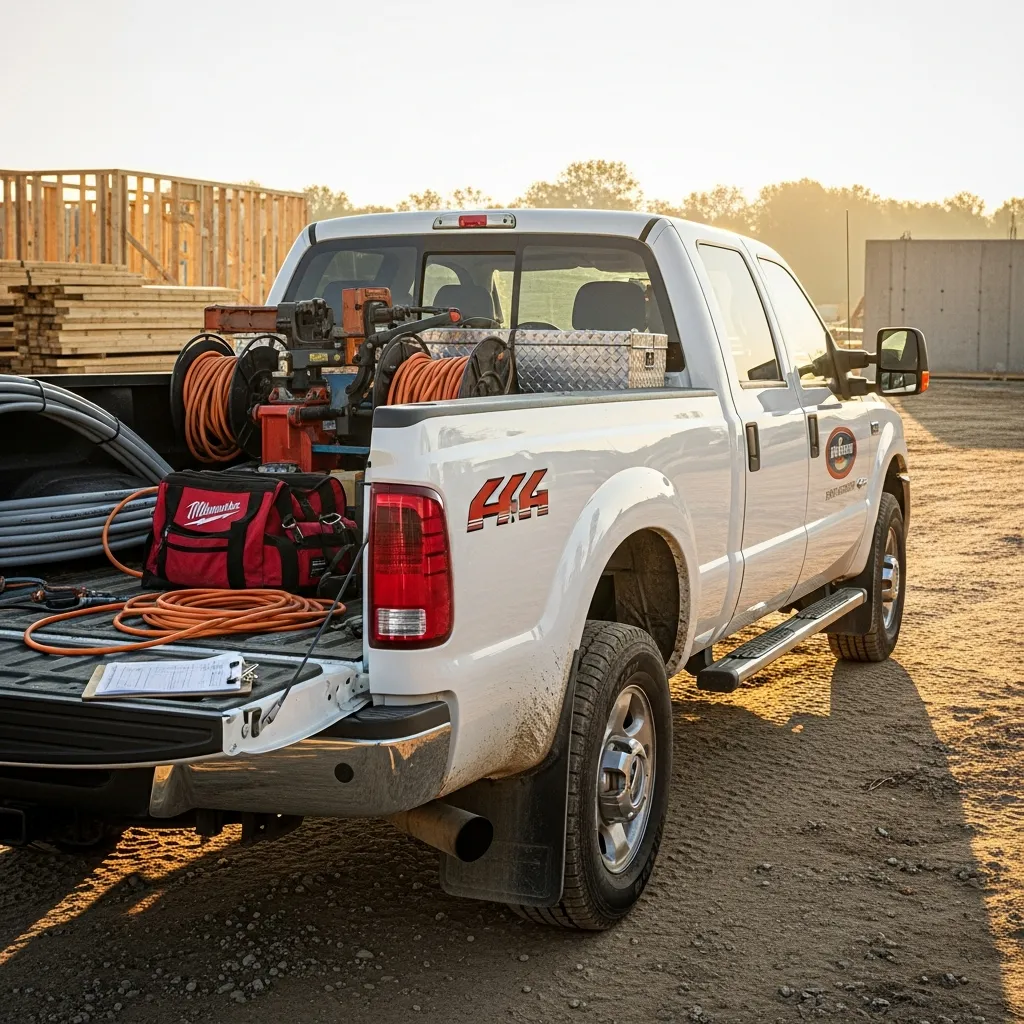 Contractor truck parked at job site with tools and equipment in the bed, illustrating business use for tax deduction purposes