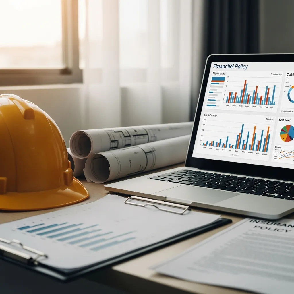 Construction hard hat and financial dashboard on laptop showing cost tracking and profit analysis for home builders