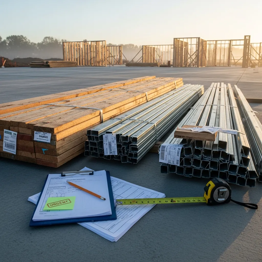 Contractor reviewing material cost estimates and bid documents at desk with calculator and supplier invoices